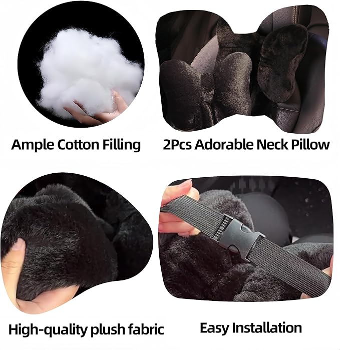 Car Neck Pillow Plush Bowknot Car Headrest Pillow Comfortable Neck Support for Driving Soft Touch Fabric Car Pillow Cute Interior Decor (Black-1Pcs)