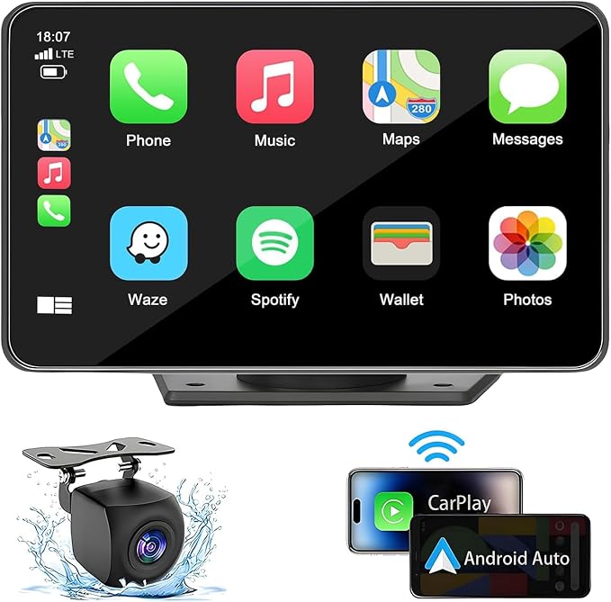 7" HD Portable Wireless Carplay Screen for Car, Touch Double Din Car Stereo with Apple Car Play & Android Auto, GPS, Voice Control, Mirror Link, Bluetooth Hands-Free, Multimedia Player for Vehicles