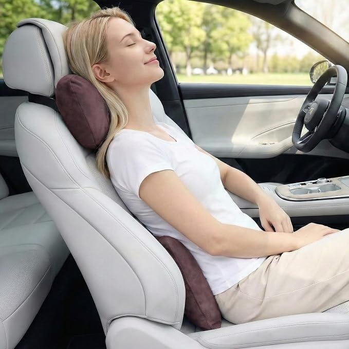 2PCS Car Pillow for Car Neck Pillow for Driving Seat Neck Support Soft Cushion Back Support Head-Rests for Vehicle Sleeping with Elastic Adjustment Strap (Coffee, Head and Lumbar)