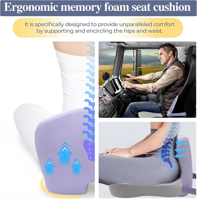 Memory Foam Seat Cushion for Sciatica & Back Pain Relief - Ergonomic Chair Pad with Adjustable Strap & Supportive Comfort Cover, Non-Slip for Car, Truck, Office Chair -Purple