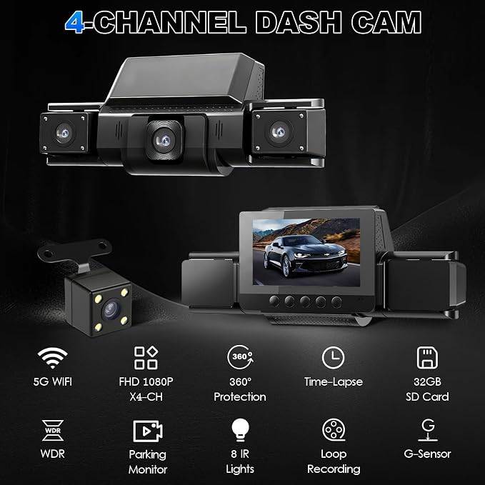 4 Channel Dash Cam Front and Rear with 360° View for All-Round Protection, 4-Way Recording, Built-in 5G WiFi & GPS, APP Control, 8 IR LEDs, 24H Parking Monitor, G-Sensor, Free TF Card (32, GB)