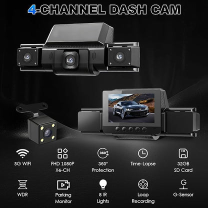 4 Channel Dash Cam Front and Rear with 360° View for All-Round Protection, 4-Way Recording, Built-in 5G WiFi & GPS, APP Control, 8 IR LEDs, 24H Parking Monitor, G-Sensor, Free TF Card (32, GB)