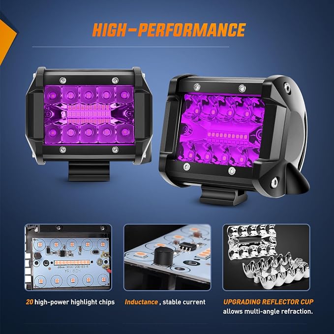 Nilight 4 Inch LED Light Pods Purple Triple Row 2PCS 60W Flood Spot Combo Off Road Driving Decoration Neon Hunting Lighting for UTV Pick-up Van Boat Tractor