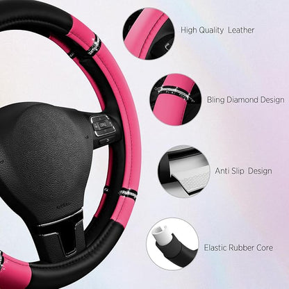 Road Comfort Leather Steering Wheel Cover – Premium Anti-Slip Car Steering Wheel Grip Cover – Universal Fit for 14.5”–15” Cars, Trucks & SUVs - Hotpink