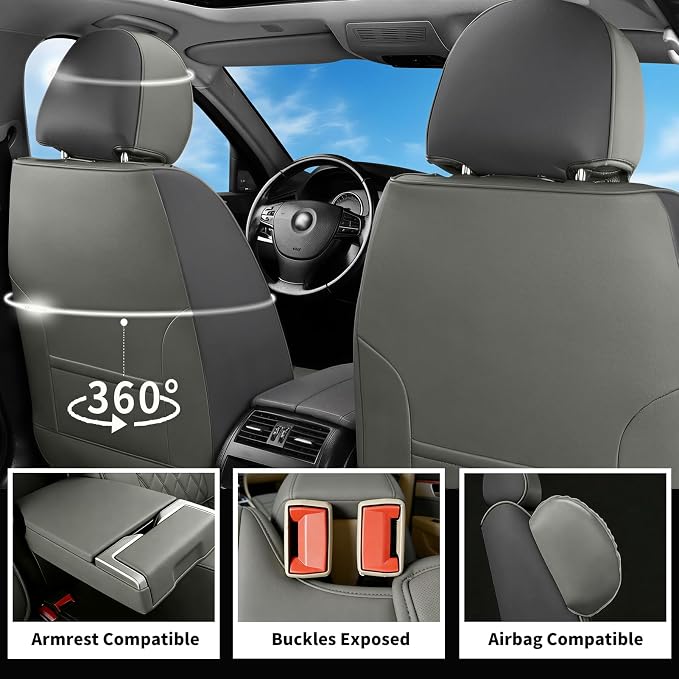 Car Seat Covers Compatible with Hyundai Santa Cruz 2022-2025 2026 - Full Set 5 Seats Luxury Leather All-Weather Seat Cushions & Protectors, Waterproof & Breathable, Airbag Compatible (Gray)