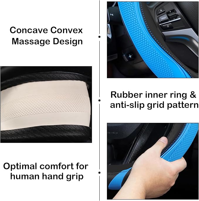 Concave Convex Massage Black Blue Microfiber Leather Steering Wheel Cover, 14.5-15 Inch Non-Slip Breathable Microfiber Car Steering Wheel Protector