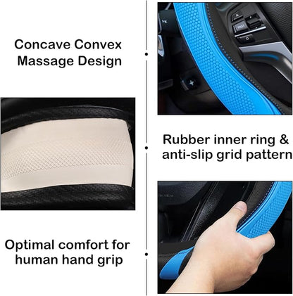 Concave Convex Massage Black Blue Microfiber Leather Steering Wheel Cover, 14.5-15 Inch Non-Slip Breathable Microfiber Car Steering Wheel Protector