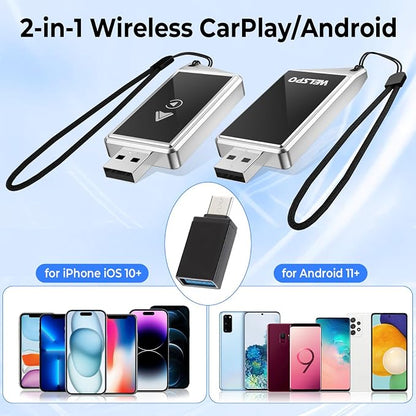 Welspo Wireless CarPlay Adapter&Android Auto Adapter, 2-in-1 CarPlay Adapter for iPhone and Android Phones, Plug&Play CarPlay Dongle Converts Wired to Wireless with Lanyard, Compatible with 2018+ Cars