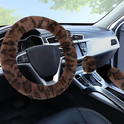 Accmor Fuzzy Car Steering Wheel Cover, Universal Fit Fur Auto Wheel Cover & Handbrake Cover & Gear Shift Cover Set, Fashion Leopard Fluffy Steering Wheel Protector Car Accessories for Men Women