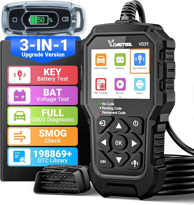 VDIAGTOOL VD31 Enhanced OBD2 Scanner, 3-in-1 Check Engine Code Reader, Car Key Battery Tester & Car Battery Tester, OBD2 Scanner Diagnostic Tool, Car Code Reader for Cars and Trucks All Cars 1996+
