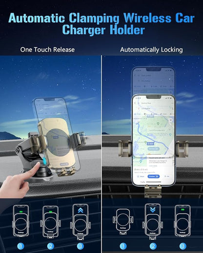 3-in-1 Wireless Car Charger Mount, 15W Fast Charging Auto-Clamping Phone Holder for iPhone 17 16 15 14, Samsung Galaxy S24 S23, Dashboard, Vent & Windshield Car Mount(Amber Yellow)