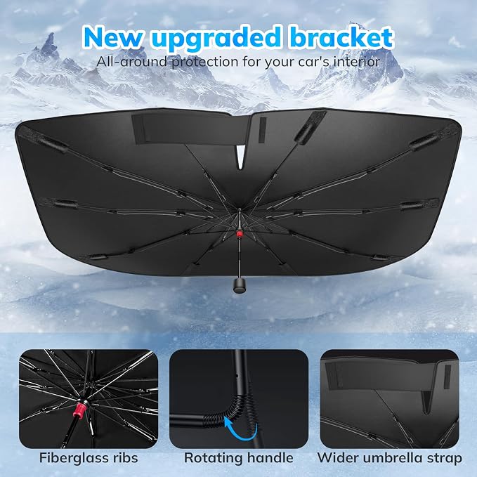 [2025 Latest] SEPORUD Car Windshield Sunshade Umbrella - Double-Layer Design, 5 Layers UV Block Coating. Blocks up to 99% UV, Reduces Heat. Durable Structure, Glass Fiber Material（61 "x33