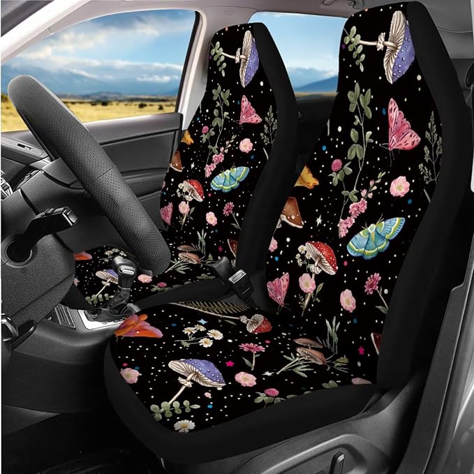 14 Pcs Mushroom Car Seat Cover Set for Women,Auto Steering Wheel Cover Armrest Cushion Protector Seat Belt Covers,Mushroom Butterfly Car Accessories Set Universal Fit Cars SUV Trucks