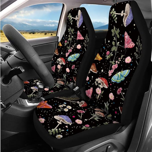 14 Pcs Mushroom Car Seat Cover Set for Women,Auto Steering Wheel Cover Armrest Cushion Protector Seat Belt Covers,Mushroom Butterfly Car Accessories Set Universal Fit Cars SUV Trucks