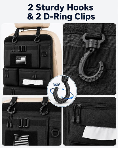 Backseat Car Organizer, Heavy Duty Tactical MOLLE Car Seat Back Organizer with 6 Pockets, 2 Sturdy Hooks, 2 D-Ring Clips, US Flag Patch & Hook Loop Panel, Universal Fit for Car SUV Truck Jeep Ford