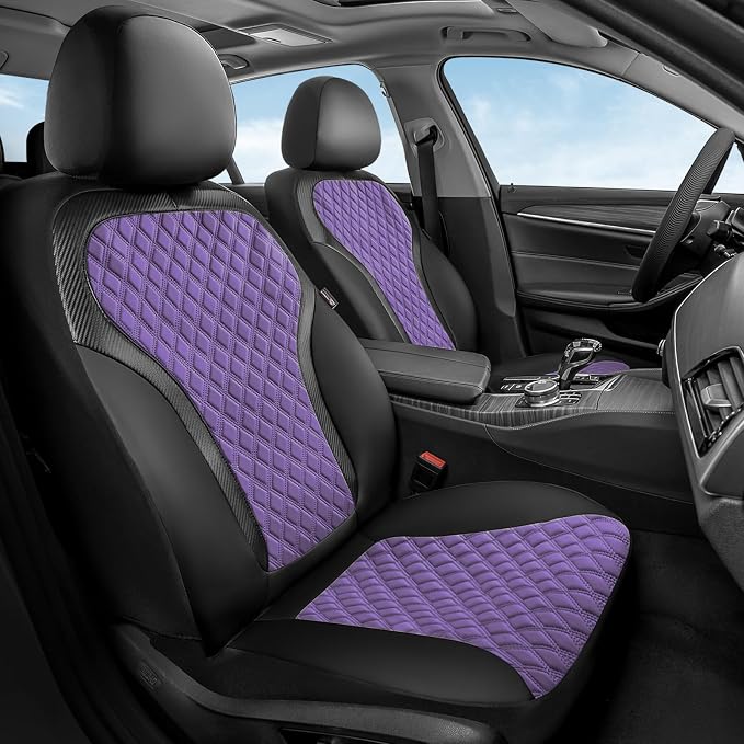 Coverado Front Seat Covers, Luxury Diamond Leather Car Seat Cover with Carbon Fiber Weave, Waterproof Car Seat Cover Driver Seat Cover Spill-Proof Design Universal Fit for Most Cars, BlackPurple