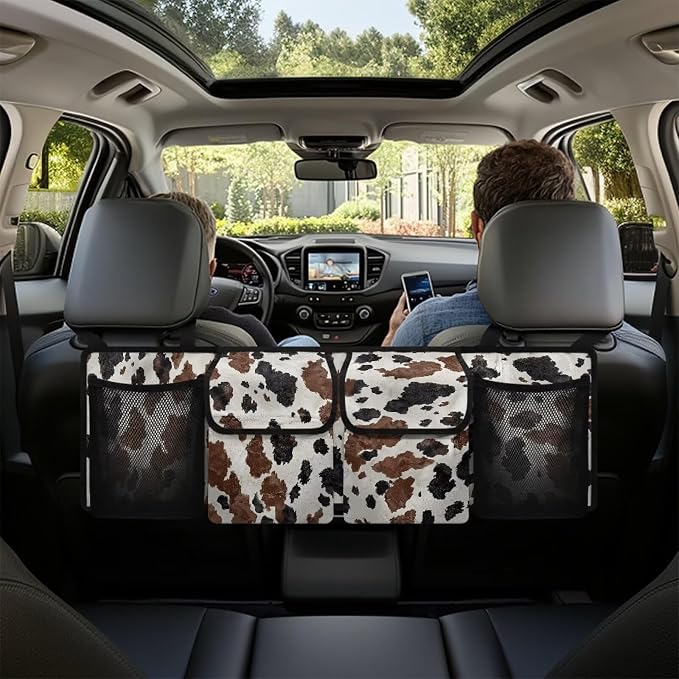 Large Capacity Car Backseat Trunk Organizer with Adjustable Straps Black Hanging Brown Cow Spots Trunk Storage Bag