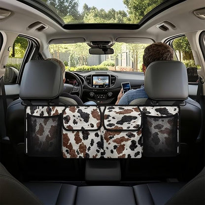 Large Capacity Car Backseat Trunk Organizer with Adjustable Straps Black Hanging Brown Cow Spots Trunk Storage Bag