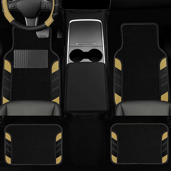 NBTEPEM 10 Pcs Car Floor Mats Full Set & Sport Leather Steering Wheel Cover 14.5-15 inch, Center Console Cover, Seat Belt Cushion, Cup Holder Coaster, Universal Automobile Interior Sets (Beige)