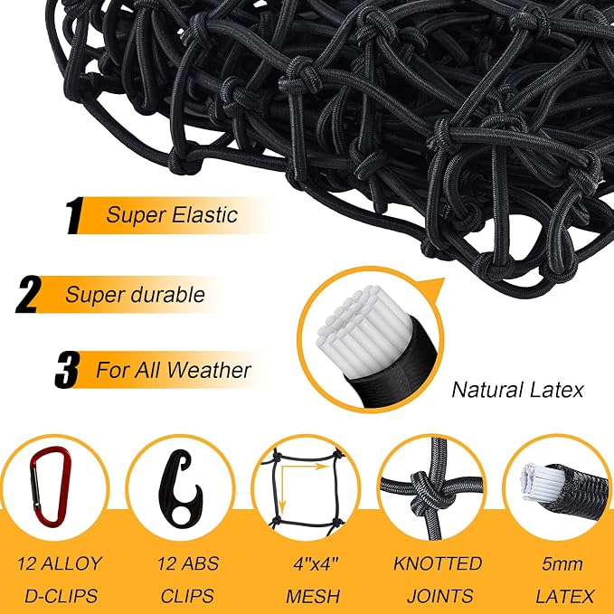 GSPSCN Cargo Net 3' x 4' for Truck Pickup Bed, Trailer,Boat,RV SUV Stretched to 9'x12' Max Roof Rack Net, 4”x4” Mesh Heavy Duty Bungee Cord Net for Tacoma,Frontier,Colorado & Subaru Crosstrek