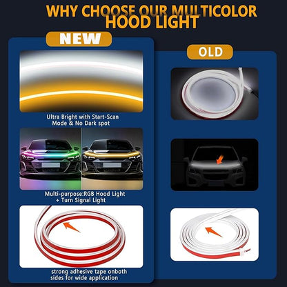 59 Inches RGB Multi-Color Dynamic Scanning Starter Hood Lights, Car LED Hood Light Strip, Exterior Flexible Headlight Waterproof Daytime Running Lamps Strips (1 Set)