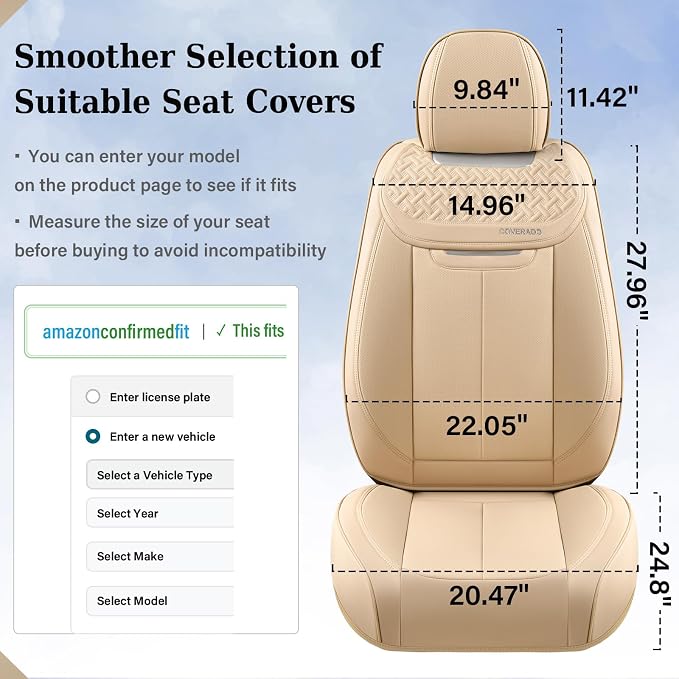 Coverado Car Seat Covers Full Set, Seat Covers Waterproof, Nappa Leather Seat Covers for Cars, Front and Back Car Seat Protector, Breathable Seat Cushion, Seat Cover Universal Fit Most Cars(Beige)