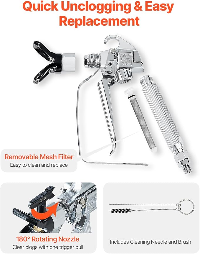 VEVOR Airless Paint Spray Gun, 3600PSI High Pressure Airless Paint Sprayer Gun with 5 Tips, 211, 315, 417, 517, 623, Swivel Joint Airless Spray Gun Kit with Filters, Cleaning Needle and Brush
