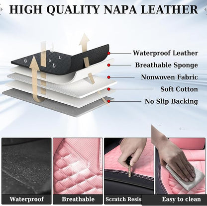Coverado Seat Covers Full Set, Waterproof Nappa Leather Seat Covers for Cars, 5 Seats Universal Car Seat Protectors, Black and Pink Leather Car Seat Covers Car Seat Cushions Fit for Most Cars