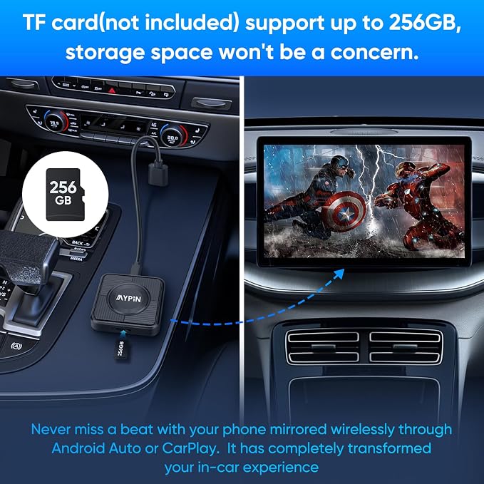 Upgraded Wireless CarPlay Adapter, 3-in-1 Wireless Carplay & Android Auto& Video Adapter, Support Netflix YouTube Support TF Card, Plug & Play, USB Type C, USB Type A Compatible with iPhone & Android