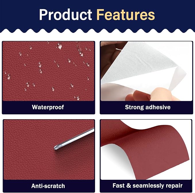 Zenyao Leather Repair Patch Tape - Self Adhesive Leather Repair Kit for Car Seat Furniture, Heavy Duty Vinyl Repair Patch for Couch Sofa, Waterproof Fix for Tears, 8x11 Inch Sheet, 2 Pieces, Red
