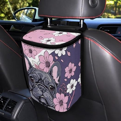 Talayituse French Bulldog Cherry Blossom Print Car Trash Can with Lid, Leak Proof Auto Trash Bag Hanging Vehicle Garbage Can Multipurpose Storage Container for Back Seat Road Trip