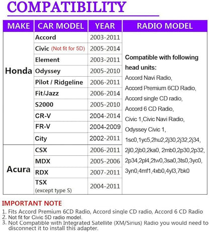 Car Audio AUX USB Input Adapter, CD Radio Upgrade Plug & Play for Honda Accord 2003-2012, City 2002-2011, CR-V 2005-2014, Civic 2006-2012, Odyssey 2005-2010, Acura TSX 2004-2011