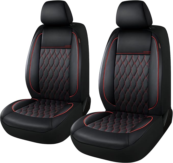 CAROMOP Faux Leather Car Seat Covers 2 Front Set,Luxury and Comfortable Seat Covers for Cars, Airbag Compatible Car Interior Covers, Universal Fit for Suvs,Vans,Trucks(Black/Red)