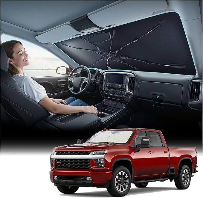 Nmoiss Windshield Sun Shade Umbrella for Silverado - [Vinyl Coating Heat Shield] Protect Car from Sun Rays & Heat Damage Keep Cool and Protect Interior, Spring Structure Edge