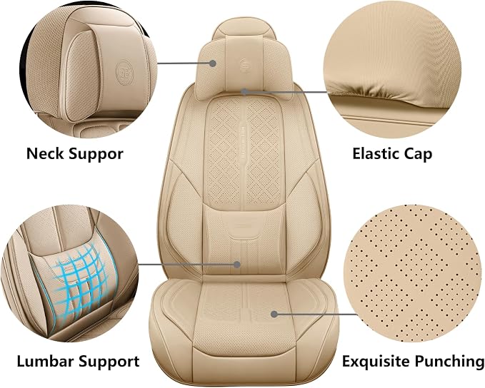 NS YOLO Full Coverage Leather Car Seat Covers for Cars,SUVs and Pick-up Trucks,Car Seat Protector,Automotive Seat Covers,Car Seat Cushion,Beige Seat Cover,Front Seat Cover for 2 Seats