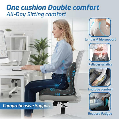 Seat Cushion,Office Chair Cushion with Lumbar Support,Memory Foam Car Orthopedic Cushion,Ergonomic Designed for Long Sitting,Tailbone & Back Pain Relief,Sciatica Pillow for Office,Car,Home Chair