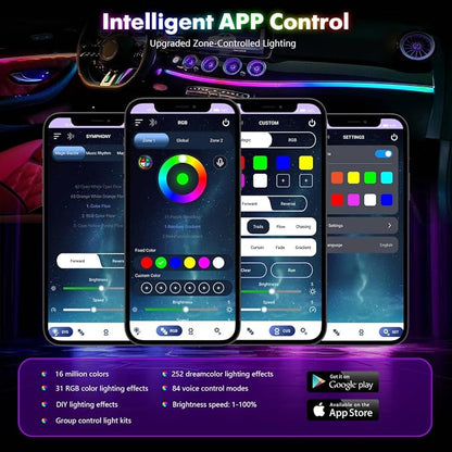 Dreamcolor Acrylic Car Interior Lights 10 in 1 RGB LED Strip Lights APP Control Zoned Control System 252 Color Modes DIY Fiber Optic Ambient Lighting Kits Music Car Neon Light Kits New Version