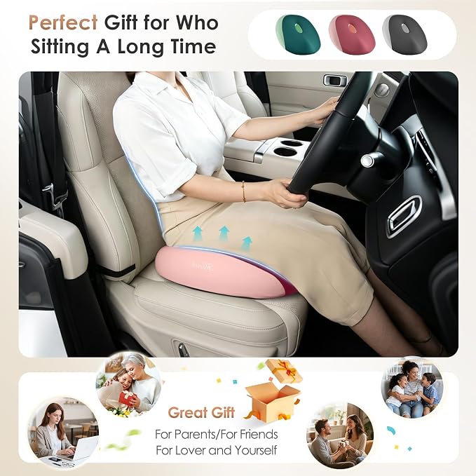 FLORICH Large Car Seat Cushion for Long Sitting, Ergonomic Memory Foam Driving Seat Cushion for Back & Sciatica Pain Relief, Non-Slip Washable Seat Cushion for Car, Driver, Office-Pink