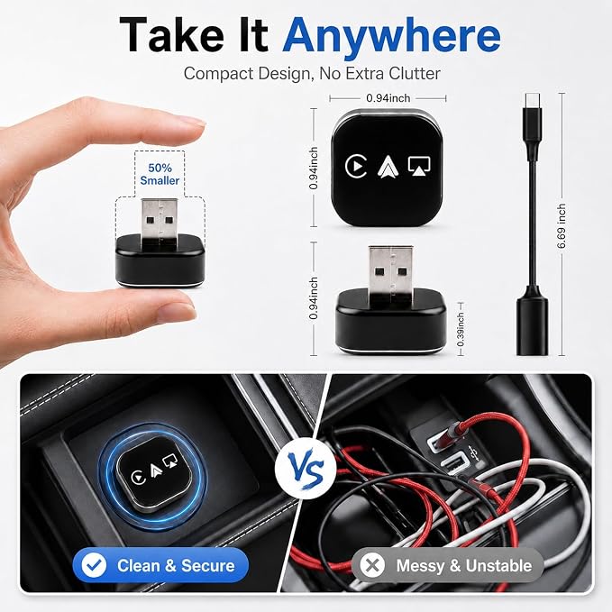 2026 4-in-1 CarPlay Adapter Wireless CarPlay + AirPlay + Android Auto + MirrorLink | Plug-&-Play for iPhone 10+ & Android 11+ | USB-A & Type-C Dual Ports (Black)