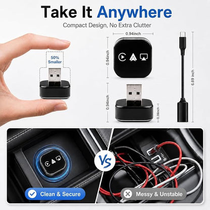 2026 4-in-1 CarPlay Adapter Wireless CarPlay + AirPlay + Android Auto + MirrorLink | Plug-&-Play for iPhone 10+ & Android 11+ | USB-A & Type-C Dual Ports (Black)