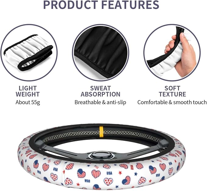 4th of July American Flag Steering Wheel Covers Universal 15 Inch Non Slip Neoprene Car Steering Wheel Protector Covers for Men Women