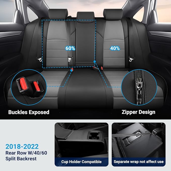 Custom for Honda Accord Seat Covers 2018 2019 2020 2021 2022 EX-L, Touring, Sport, EX, Hybrid, Faux Leather Car Seats Cover Full Set (Rear Row W/40/60 Split Backrest) - Black Grey
