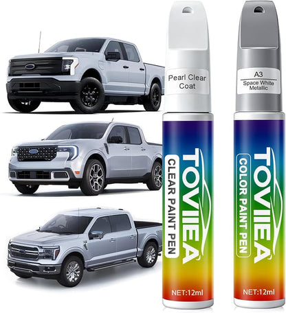 Space White Metallic(A3) Touch Up Paint Compatible with Ford,2-In-1 Car Scratch Remover Pen,Car Paint Scratch Repair Kit for Scratches,Chips & Nicks,2-PCS SET