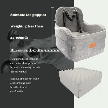 Lealchum Dog Booster Car Seat for Small/Medium Dogs Up to 35lbs,Ultra Soft Fabric Covered,6in Elevated Cushion,Fully Detachable and Washable,3 Straps & 2 Pockets,Easy to Install(Grey,Medium)