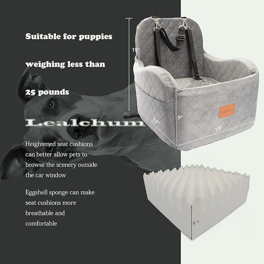 Lealchum Dog Booster Car Seat for Small/Medium Dogs Up to 35lbs,Ultra Soft Fabric Covered,6in Elevated Cushion,Fully Detachable and Washable,3 Straps & 2 Pockets,Easy to Install(Grey,Medium)