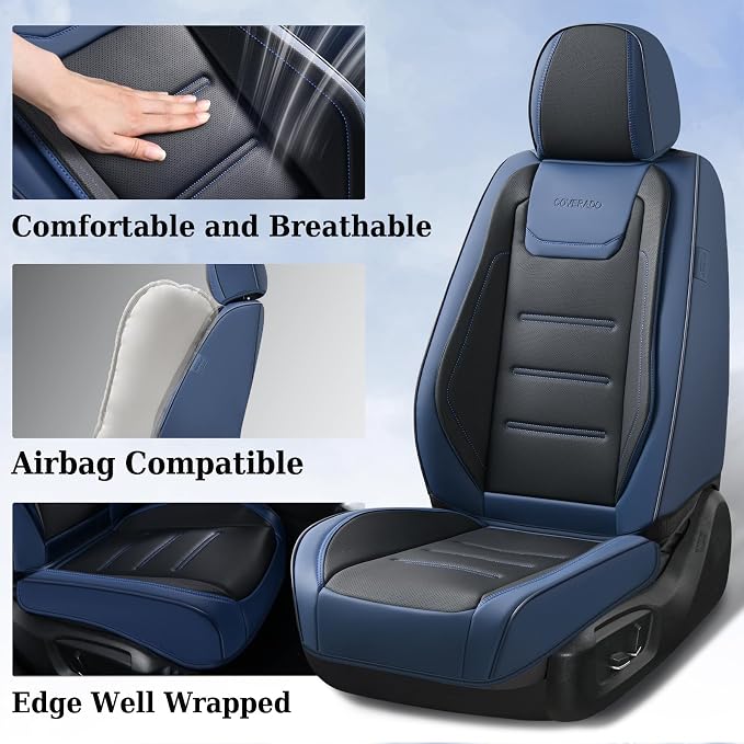 Coverado Car Seat Covers, Front Covers for Cars, Car Seat Cover Front Seats, Car Seat Protector Waterproof, Leather Car Seat Cushion, Universal Interior Covers Seat Protectors for Most Cars Blue
