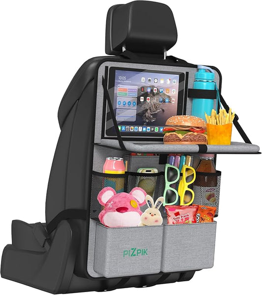 Plzpik Car Backseat Organizer with Tablet Holder,11 Storage Pockets with Foldable Food Tray, Protector Kick Mats for Kids, Travel Accessories Organizer (Gray, 1Pack)