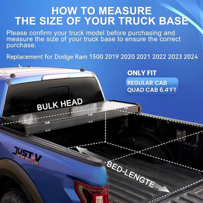 Just-V Hard Tri-Fold Truck Bed Tonneau Cover for Dodge Ram 1500 2019-2024 Only Fit Quad Cab 6.4FT Bed, Not Fit Track System, Roll Bar Multifunction Tailgate, Solid FRP Textured Black