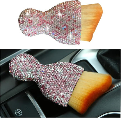 Bling Car Interior Dust Brush, Crystal Rhinestone Soft Auto Detailing Cleaning Brush, Sparkling Diamond Vehicle Dashboard Air Vent Cleaner for Women Girls, Universal for Vehicles (Pink)