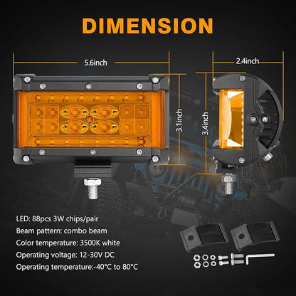 Side Shooter LED Light Bars, Muto-Beam 2PCS 5Inch Quad Row Amber Light Pods LED Fog Light Off Road Driving Lighting Spot Flood Combo Lights Work Light for Truck UTV ATV UTV Pickup SUV Boat Tractor